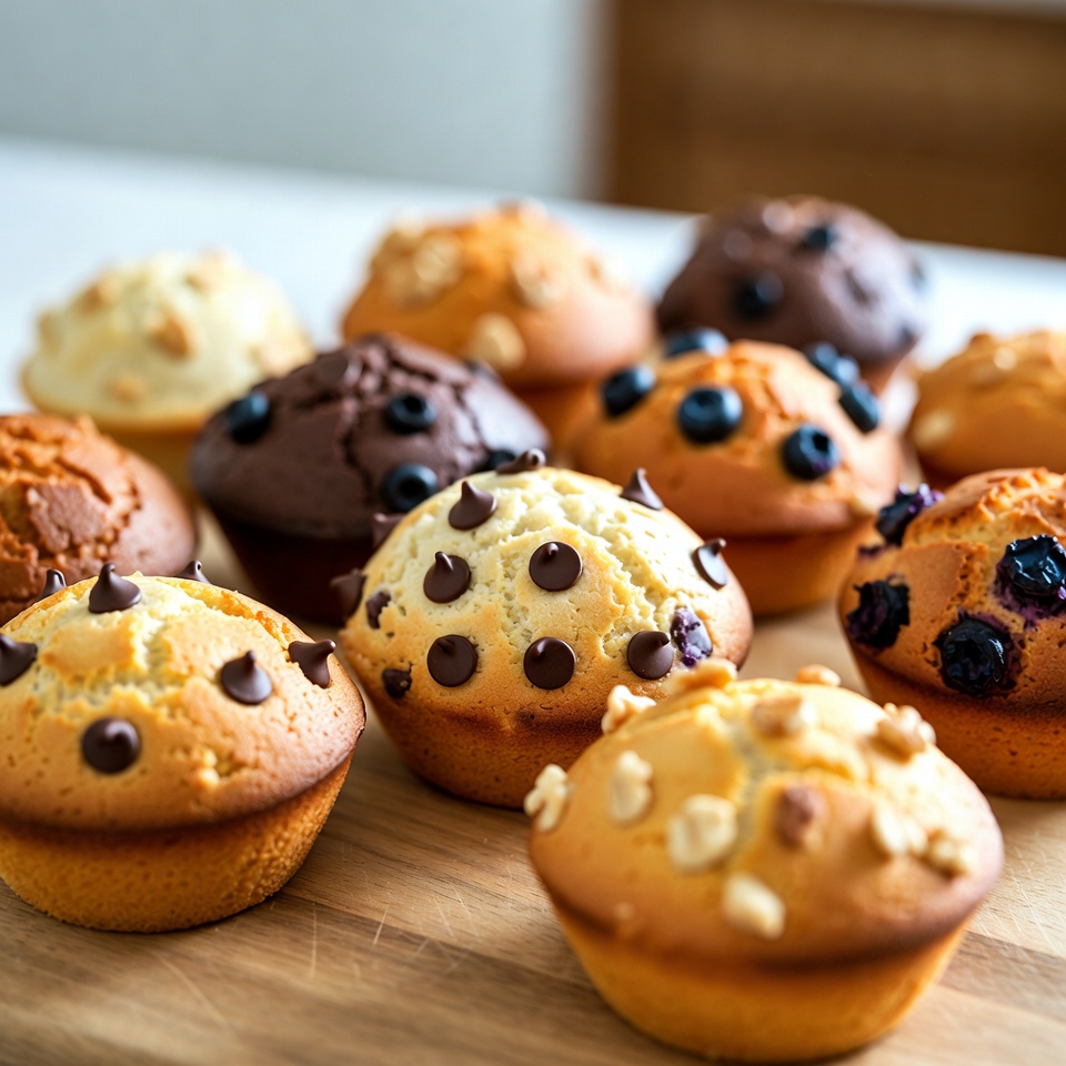 Assortment of Fresh Muffins on Wooden Table Assortment of Fresh Muffins on Wooden Table