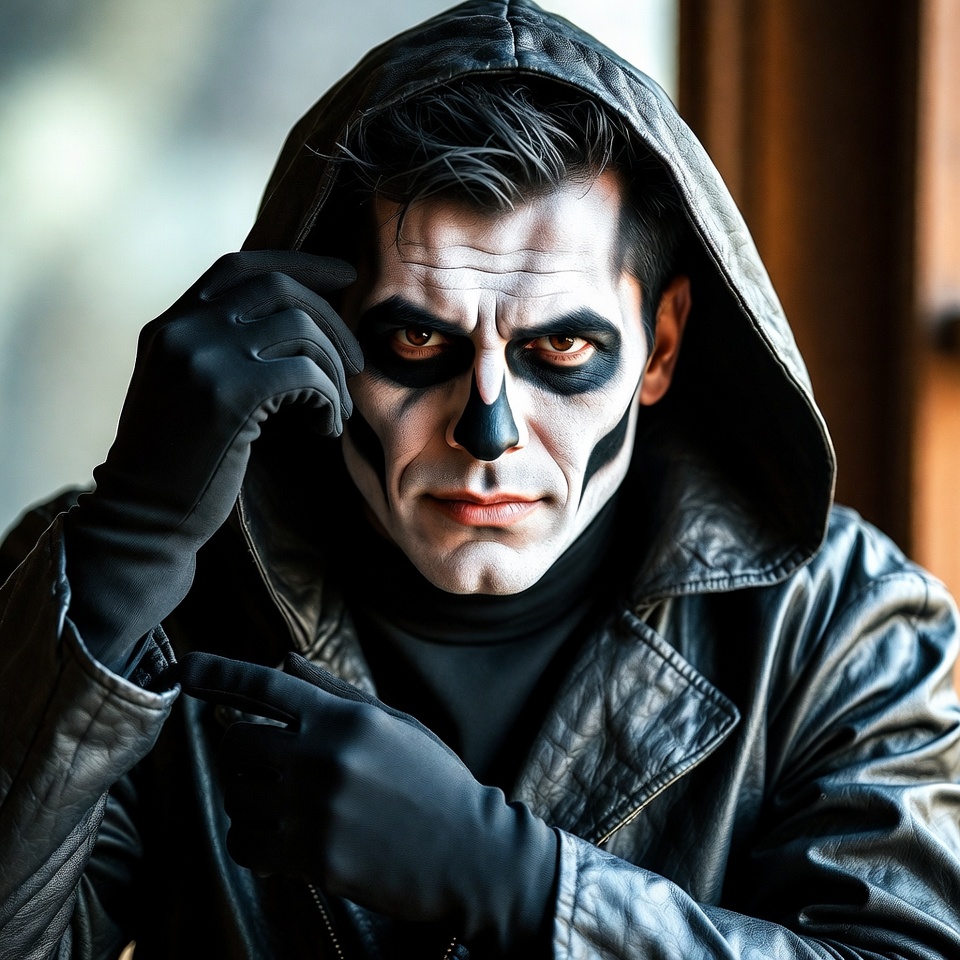 Man in skull face paint and black hood Man in skull face paint and black hood