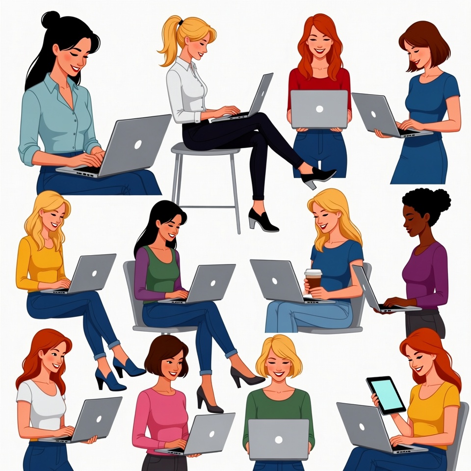 Diverse Women Working on Laptops Illustration Diverse Women Working on Laptops Illustration