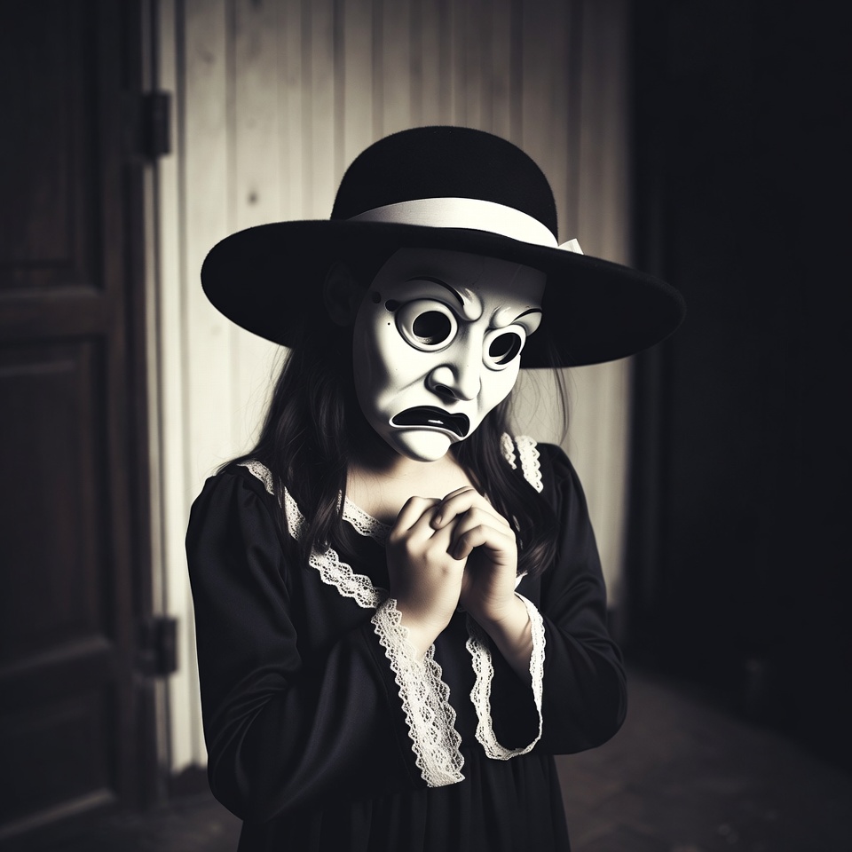 Girl in creepy white mask and hat Girl in creepy white mask and hat