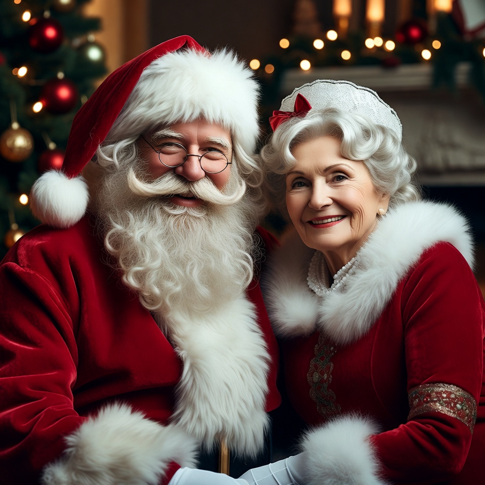 Smiling Santa Claus and Mrs. Claus by Christmas tree Smiling Santa Claus and Mrs. Claus by Christmas tree
