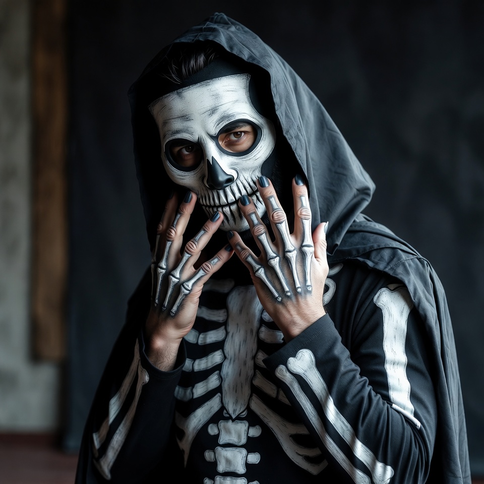 Man in skeleton costume with hands up Man in skeleton costume with hands up