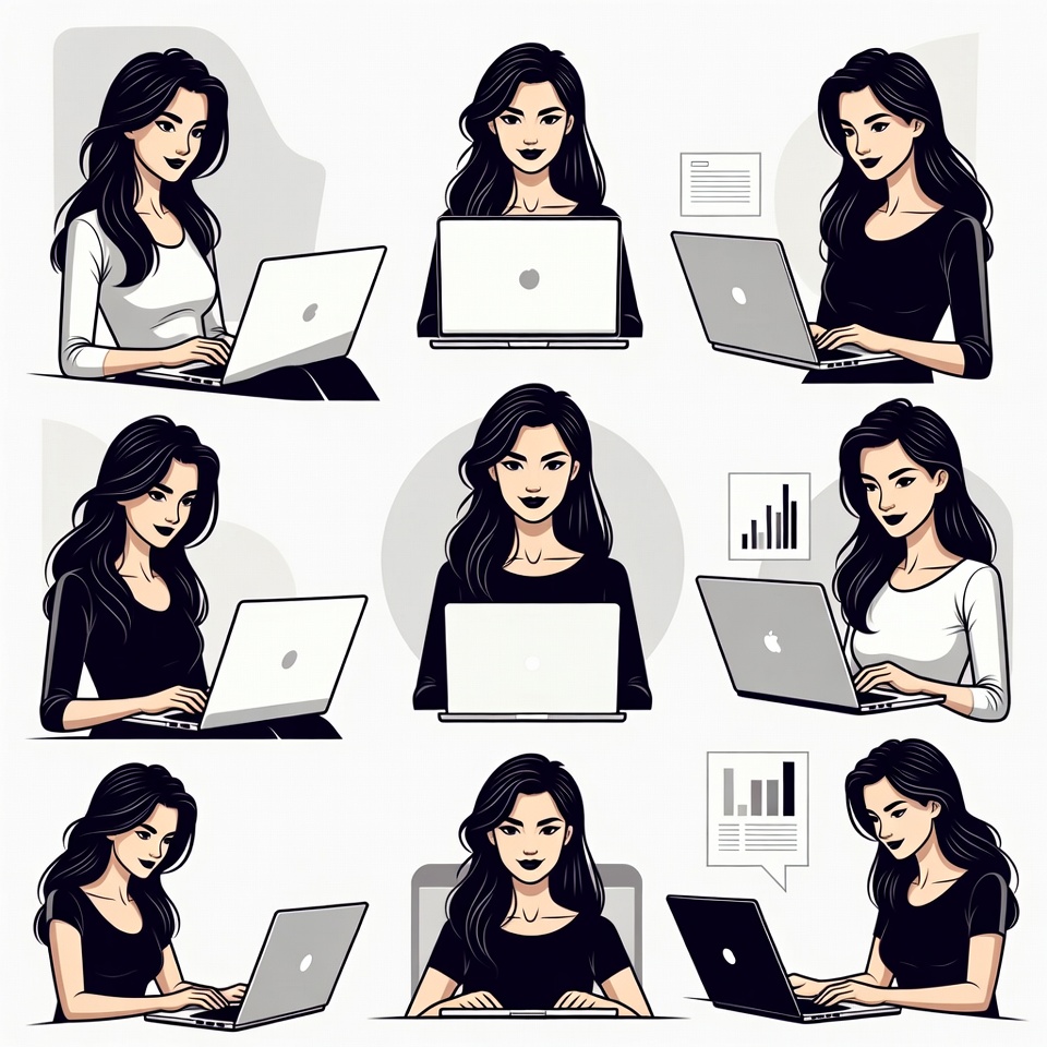 Asian Woman Typing on Laptop Illustration Asian Woman Typing on Laptop Illustration