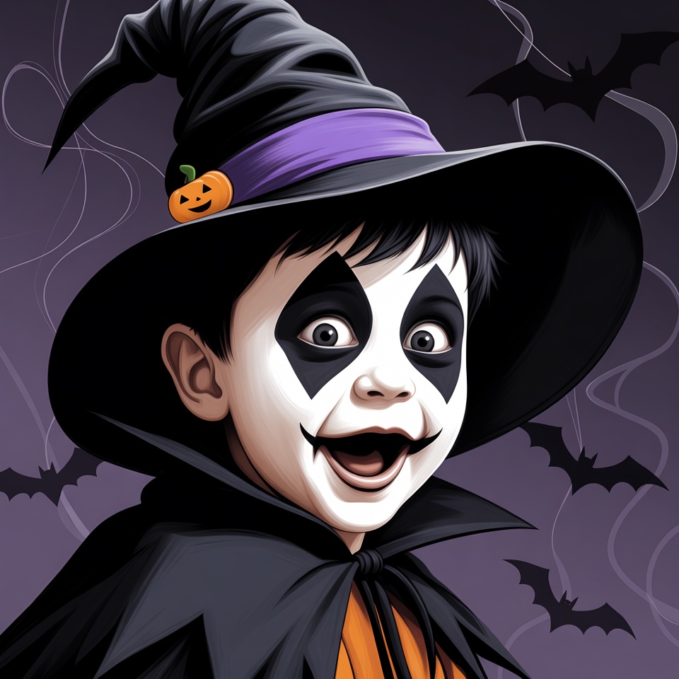 Boy in witch costume with pumpkin hat Boy in witch costume with pumpkin hat