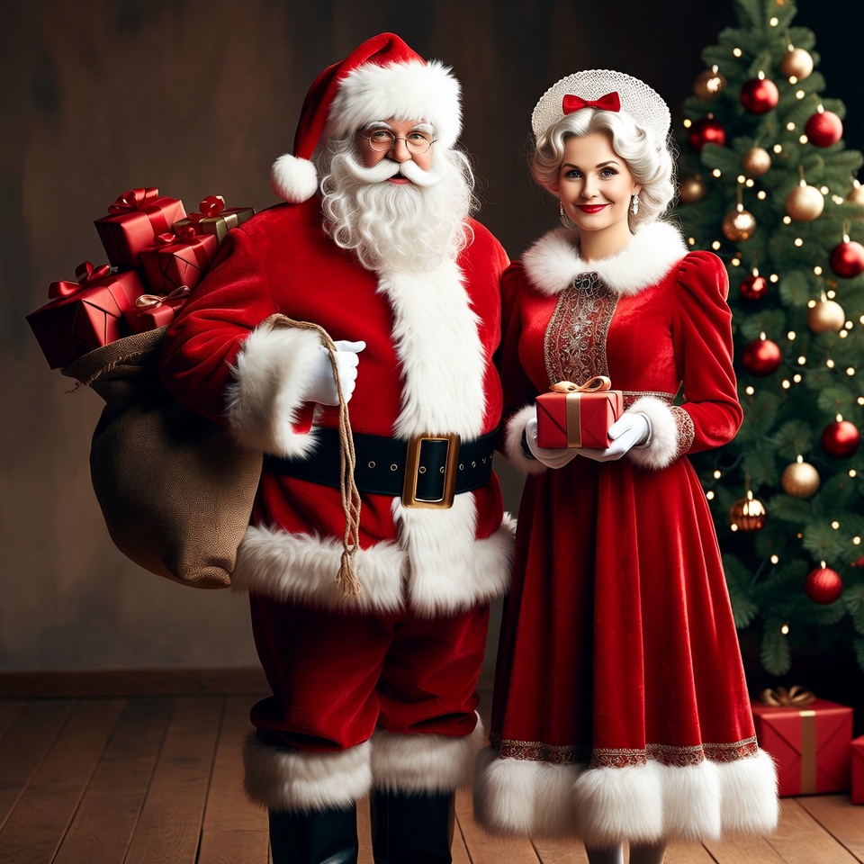 Santa Claus and Mrs. Claus with gifts Santa Claus and Mrs. Claus with gifts