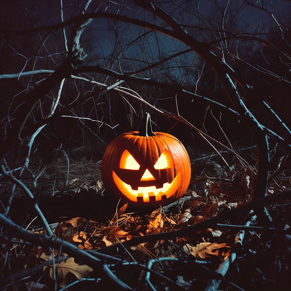 Jack-o'-lantern in dark forest Jack-o'-lantern in dark forest