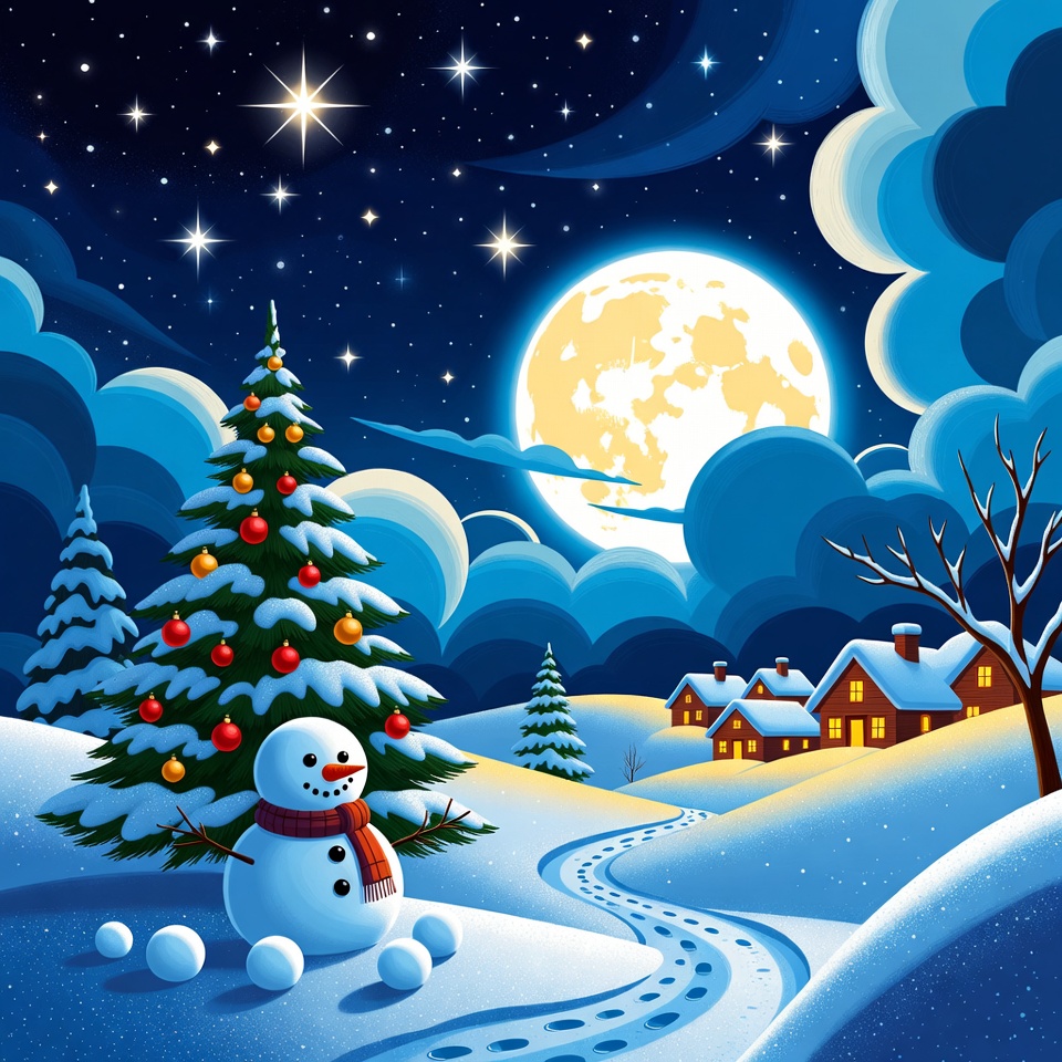 Snowman by Christmas Tree Under Moonlit Sky Snowman by Christmas Tree Under Moonlit Sky