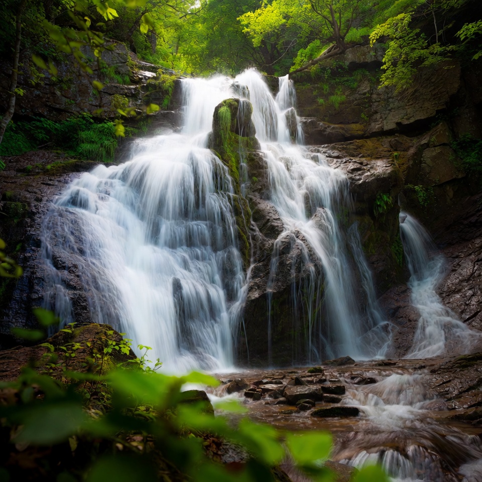 Majestic waterfall cascading in lush forest Majestic waterfall cascading in lush forest