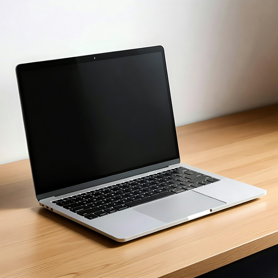 Silver MacBook Pro on wooden desk Silver MacBook Pro on wooden desk