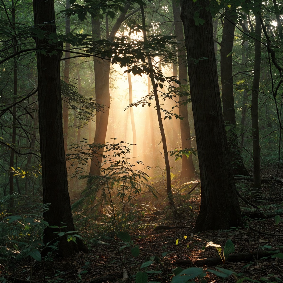 Sunlight Filtering Through Forest Trees Sunlight Filtering Through Forest Trees