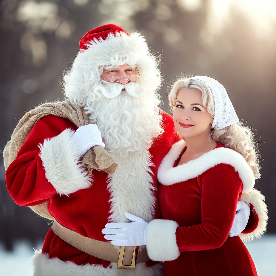 Santa Claus and Mrs. Claus in snowy forest Santa Claus and Mrs. Claus in snowy forest