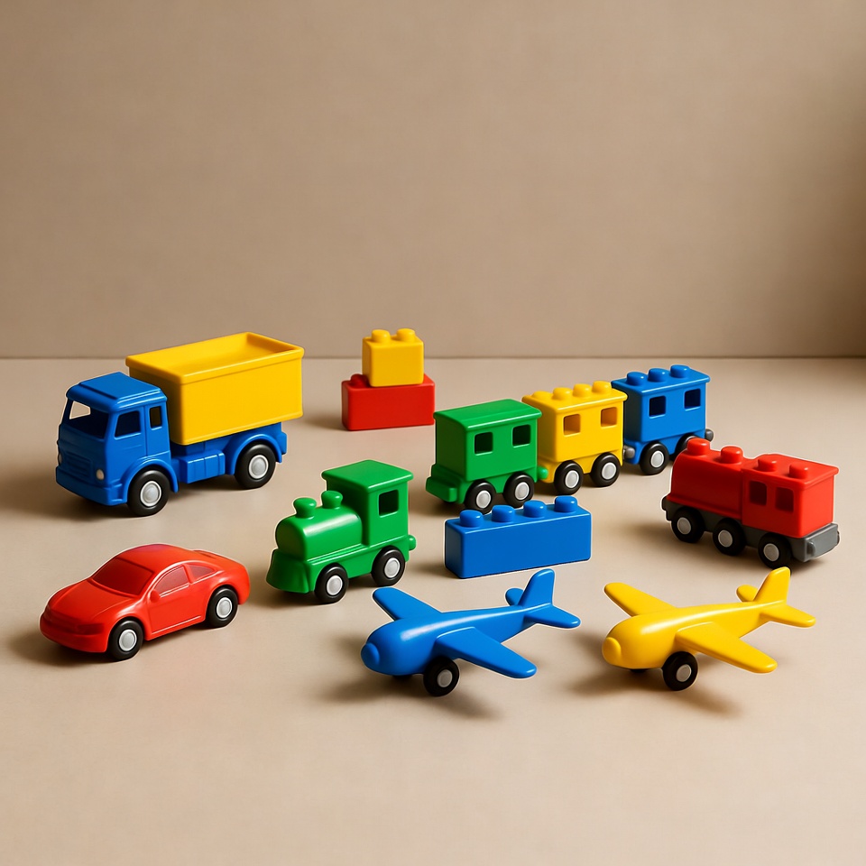 Colorful toy vehicles on beige background Colorful toy vehicles on beige background