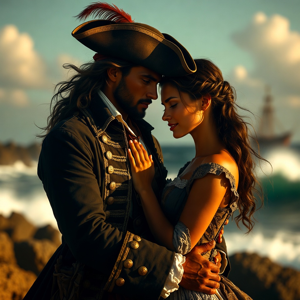 Pirate man embracing woman seaside Pirate man embracing woman seaside