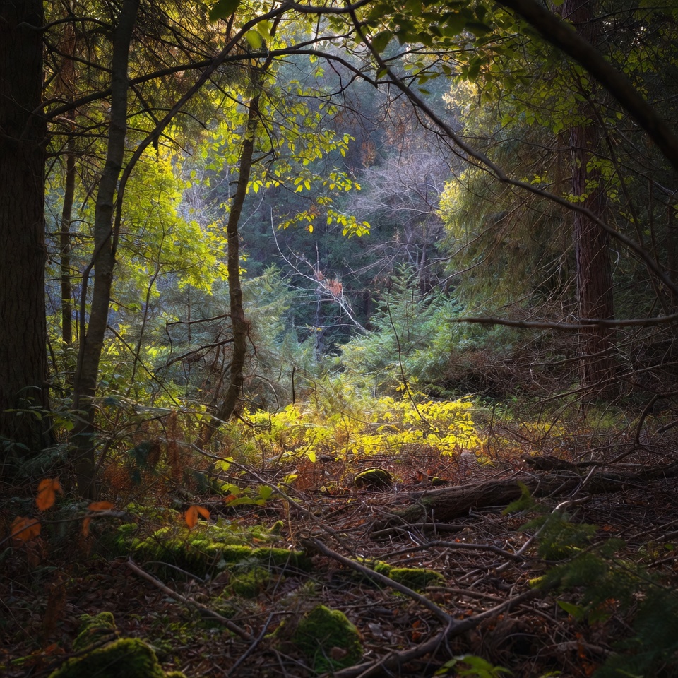 Sunlit Forest Path with Autumn Foliage Sunlit Forest Path with Autumn Foliage