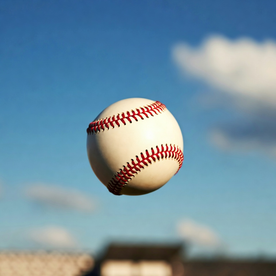Baseball floating in blue sky Baseball floating in blue sky