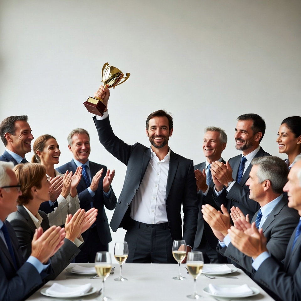 Man holding trophy with clapping business team Man holding trophy with clapping business team