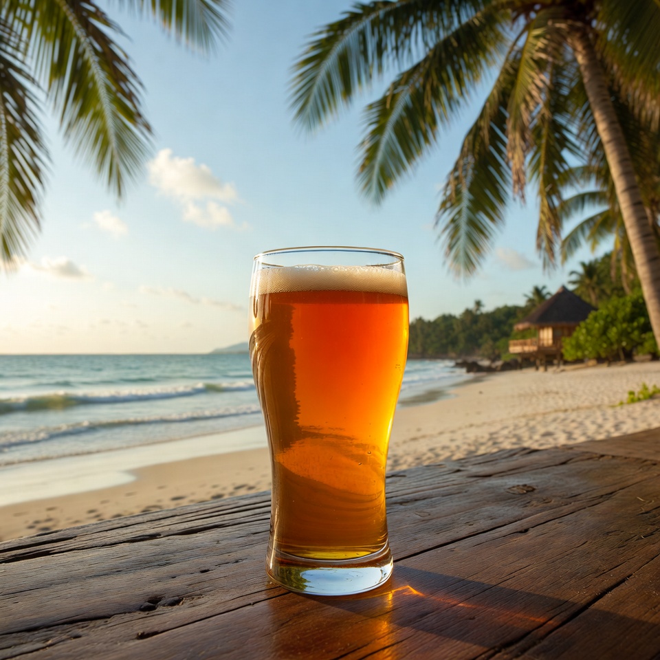Beer Glass on Beach Table Beer Glass on Beach Table