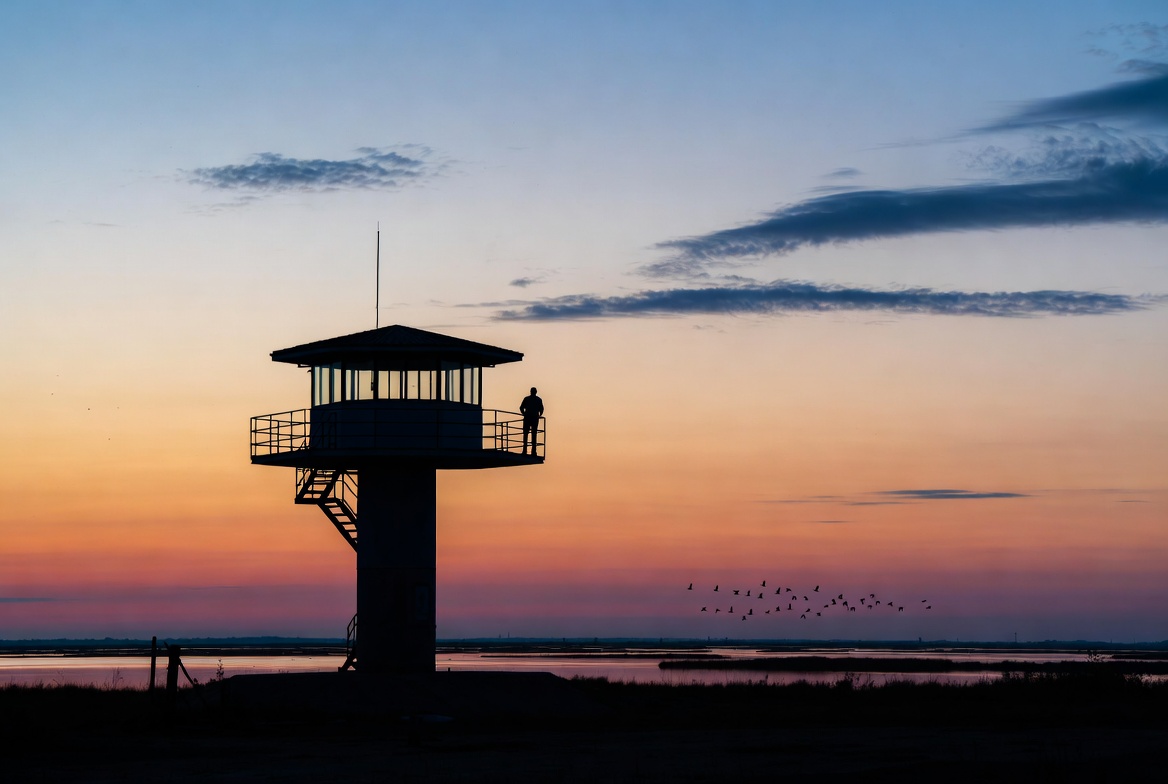 Silhouette of man on guard tower at sunset Silhouette of man on guard tower at sunset