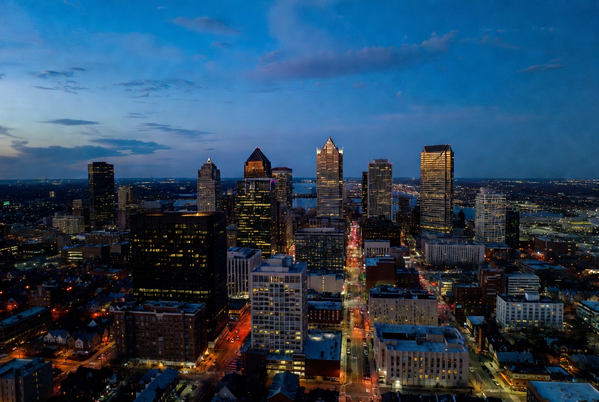 Aerial Cleveland skyline at dusk Aerial Cleveland skyline at dusk