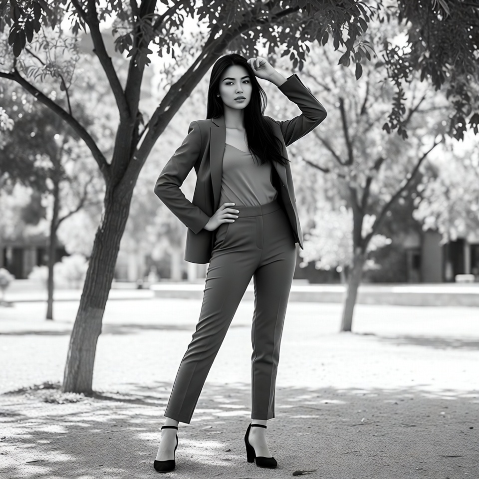 Asian woman in suit posing by trees Asian woman in suit posing by trees