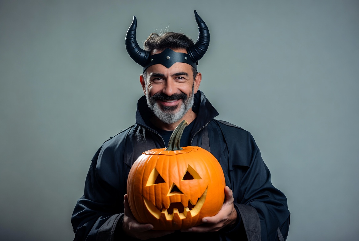 Man with Viking helmet holding jack-o-lantern Man with Viking helmet holding jack-o-lantern