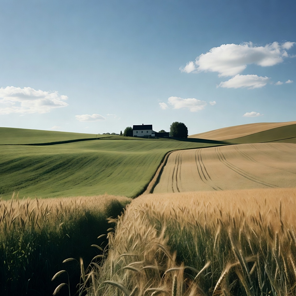 White house in green and golden fields White house in green and golden fields