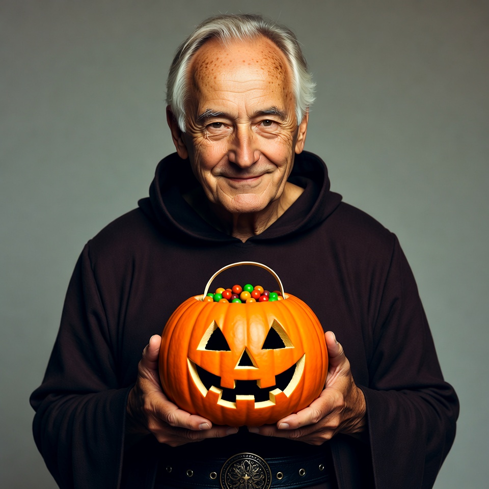Elderly man holding jack-o-lantern pumpkin Elderly man holding jack-o-lantern pumpkin