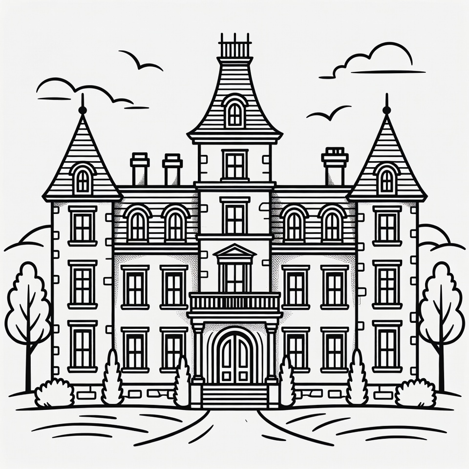 Grand Mansion Line Art Illustration Grand Mansion Line Art Illustration