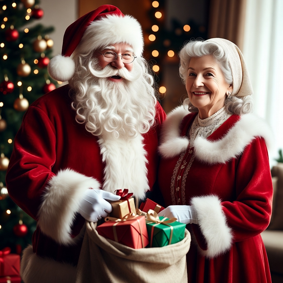 Santa Claus and Mrs. Claus with gifts Santa Claus and Mrs. Claus with gifts