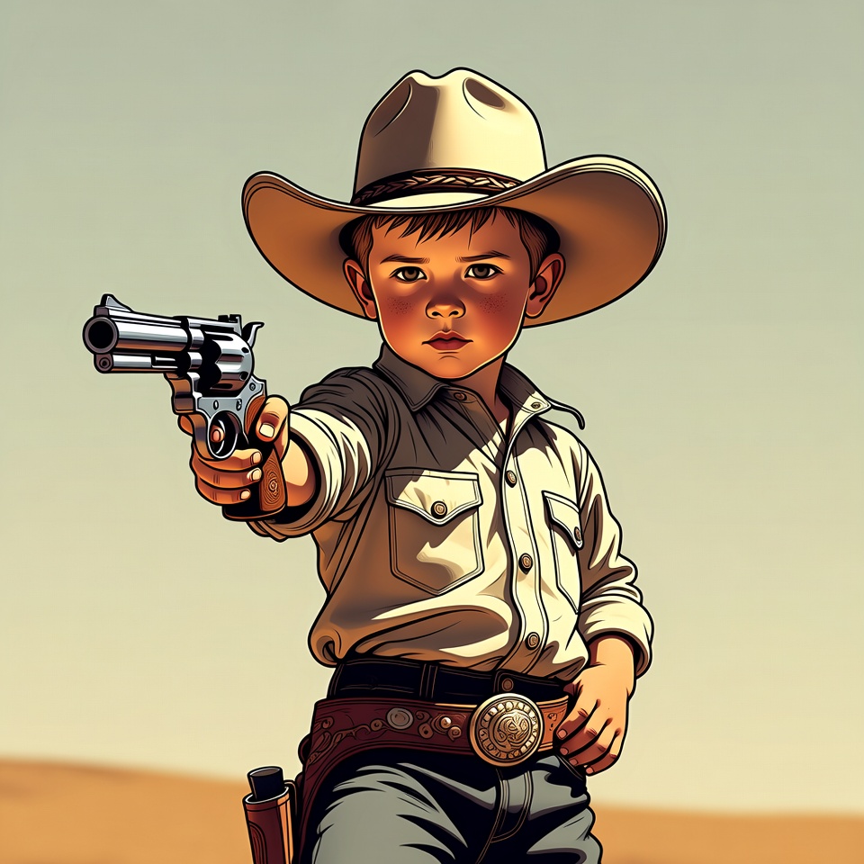 Boy cowboy aiming revolver gun Boy cowboy aiming revolver gun