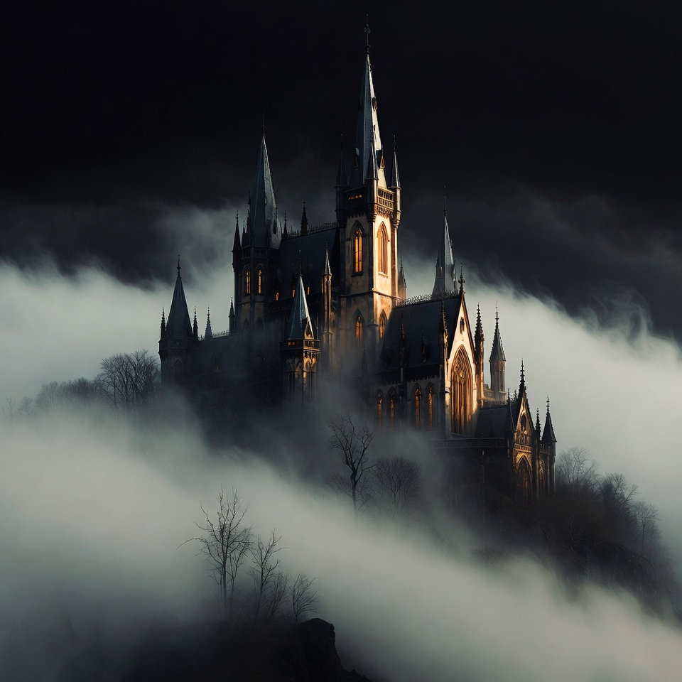 Gothic Castle in Foggy Clouds Gothic Castle in Foggy Clouds