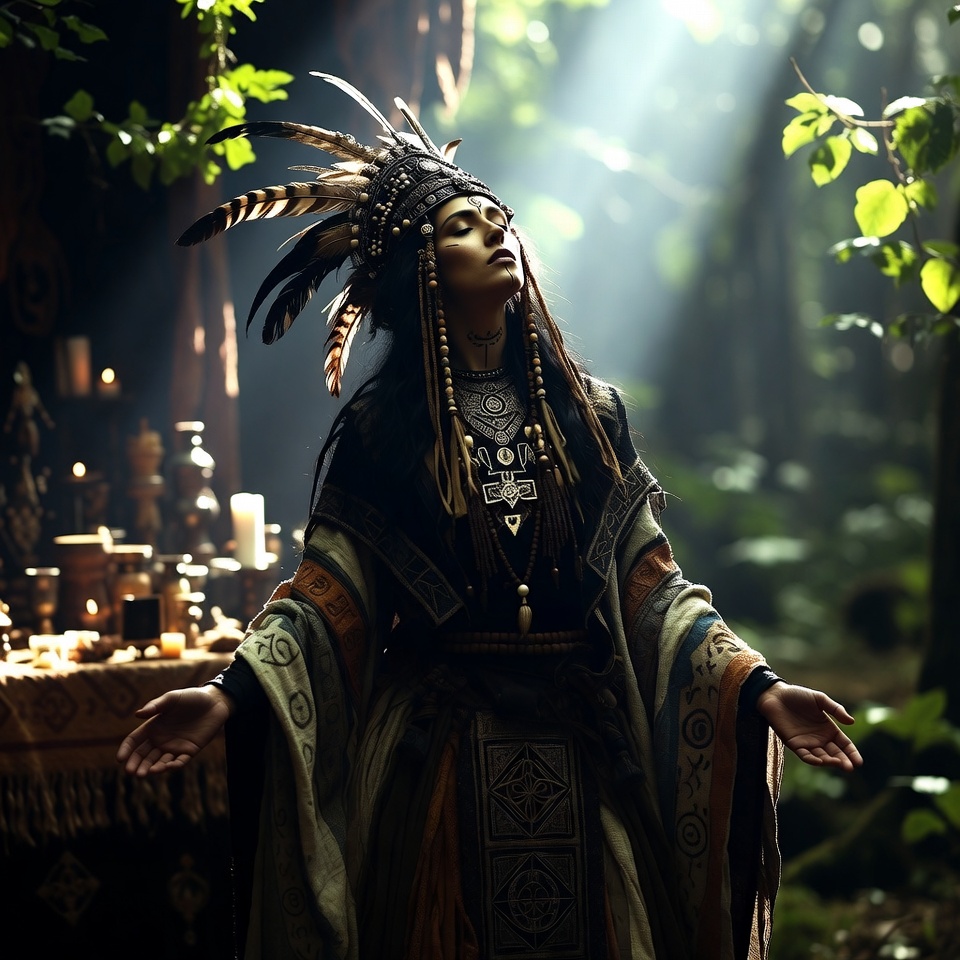 Native American woman in forest with headdress Native American woman in forest with headdress