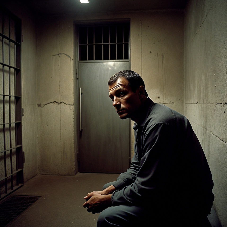 Man sitting in prison cell Man sitting in prison cell