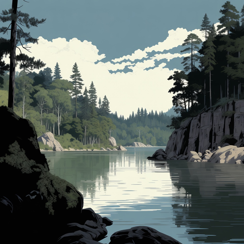Forest Lake with Cliffs Illustration Forest Lake with Cliffs Illustration