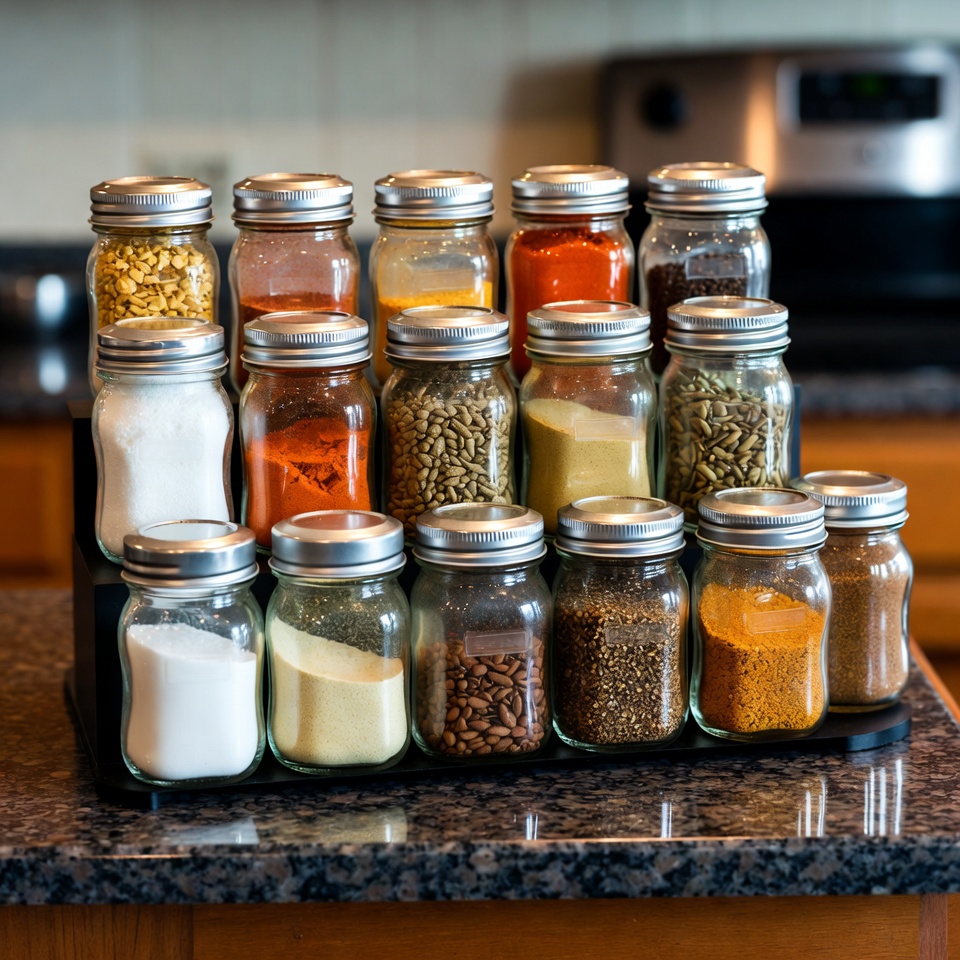 Spice Jars on Wooden Rack Spice Jars on Wooden Rack