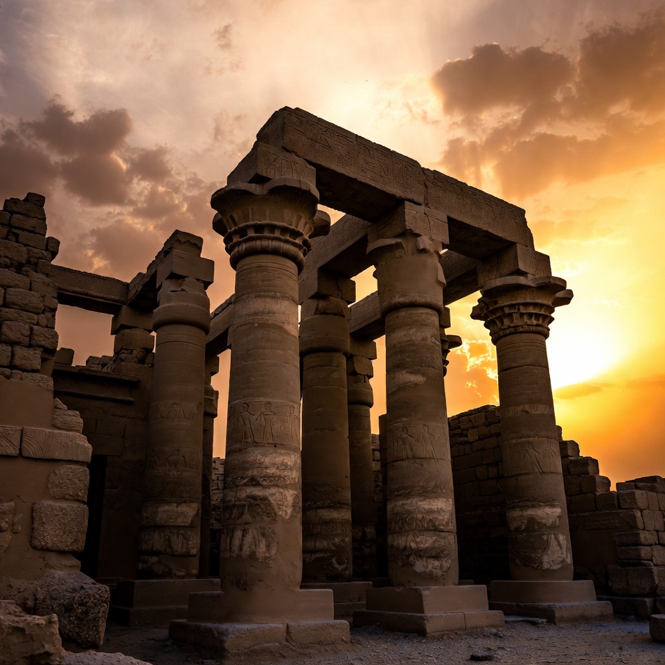 Ancient Egyptian Temple Pillars at Sunset Ancient Egyptian Temple Pillars at Sunset