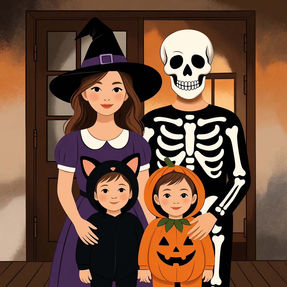 Asian family in Halloween costumes Asian family in Halloween costumes