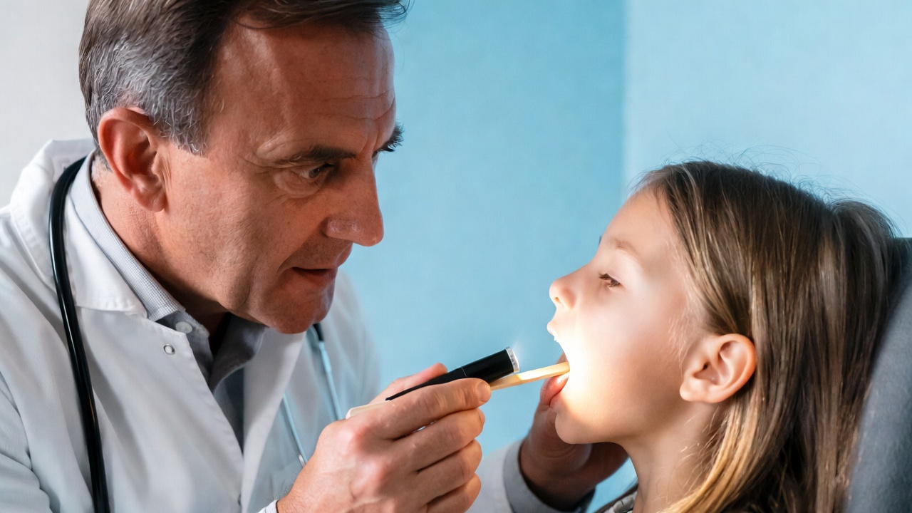 Doctor examining girl's mouth Doctor examining girl's mouth