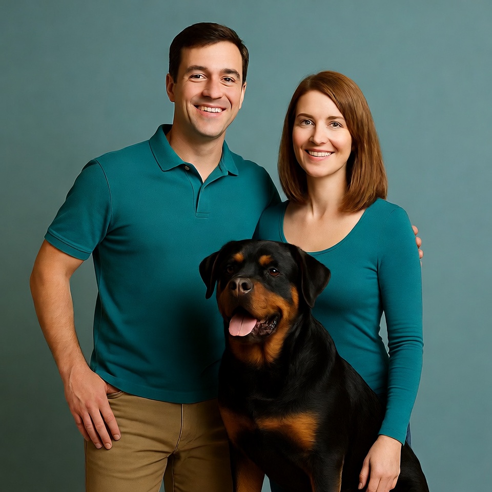 Smiling couple with Rottweiler Smiling couple with Rottweiler