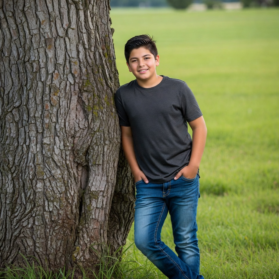 Latino boy leaning against tree Latino boy leaning against tree