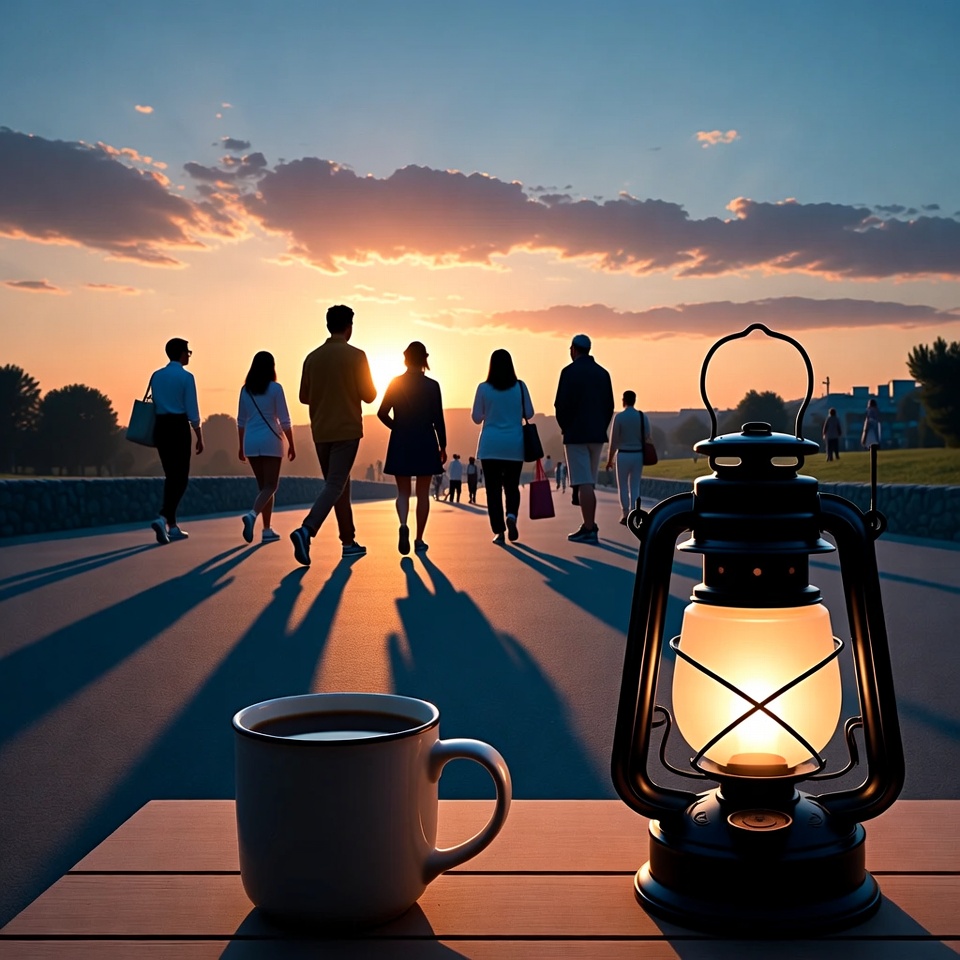 People Walking Silhouettes with Lantern and Coffee People Walking Silhouettes with Lantern and Coffee