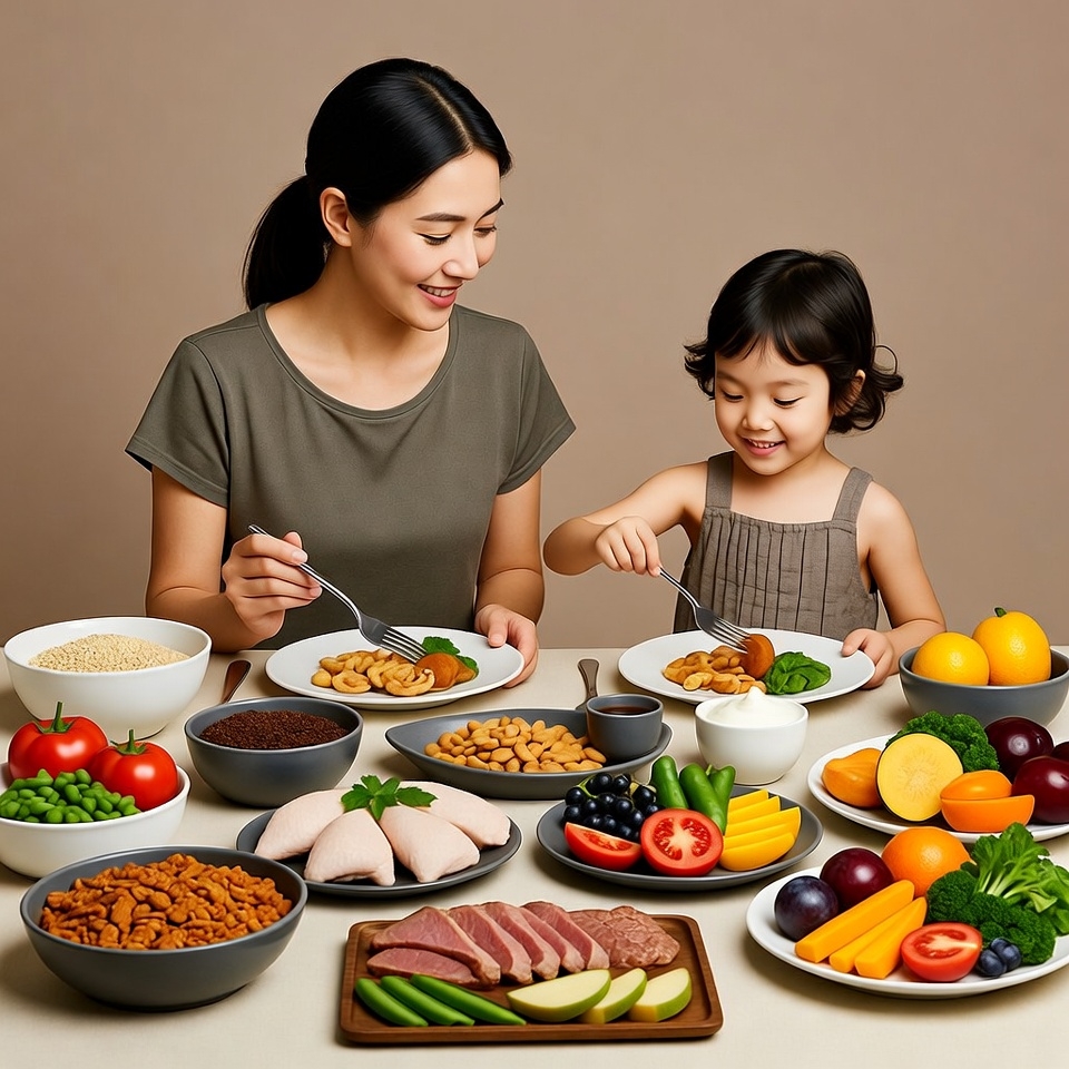 Asian mother and daughter eating healthy meal Asian mother and daughter eating healthy meal