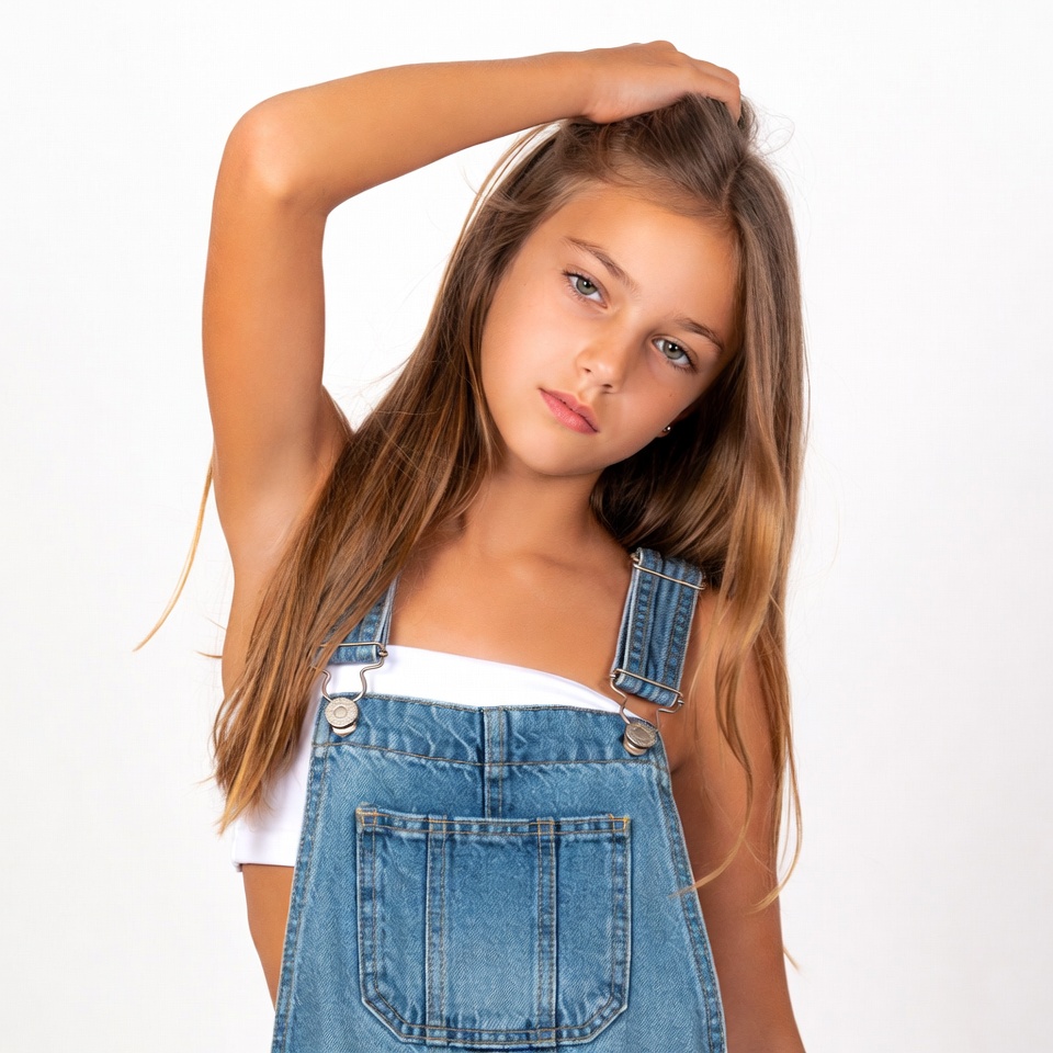 Girl in denim overalls touching hair Girl in denim overalls touching hair
