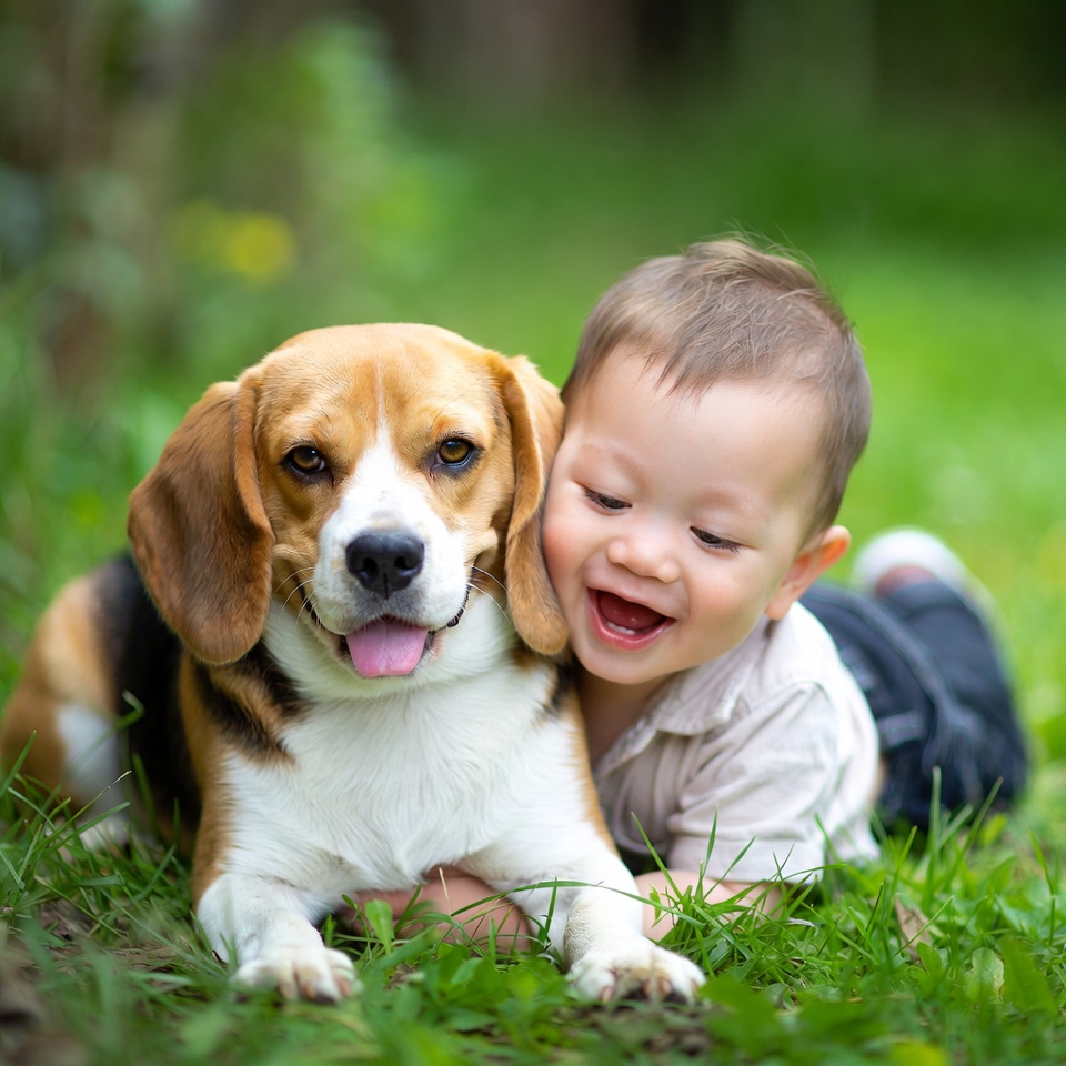 Boy hugging beagle dog in grass Boy hugging beagle dog in grass