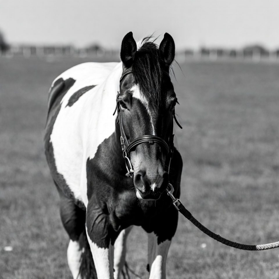Piebald horse with bridle on field Piebald horse with bridle on field