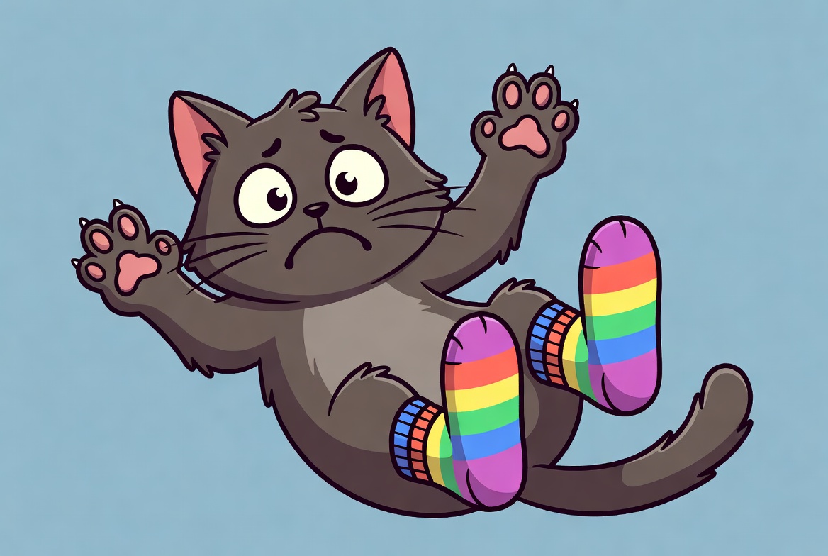 Cartoon cat falling in rainbow socks Cartoon cat falling in rainbow socks