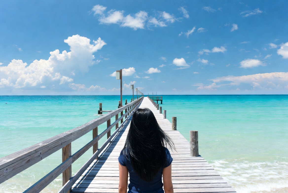 Woman walking on beach pier Woman walking on beach pier