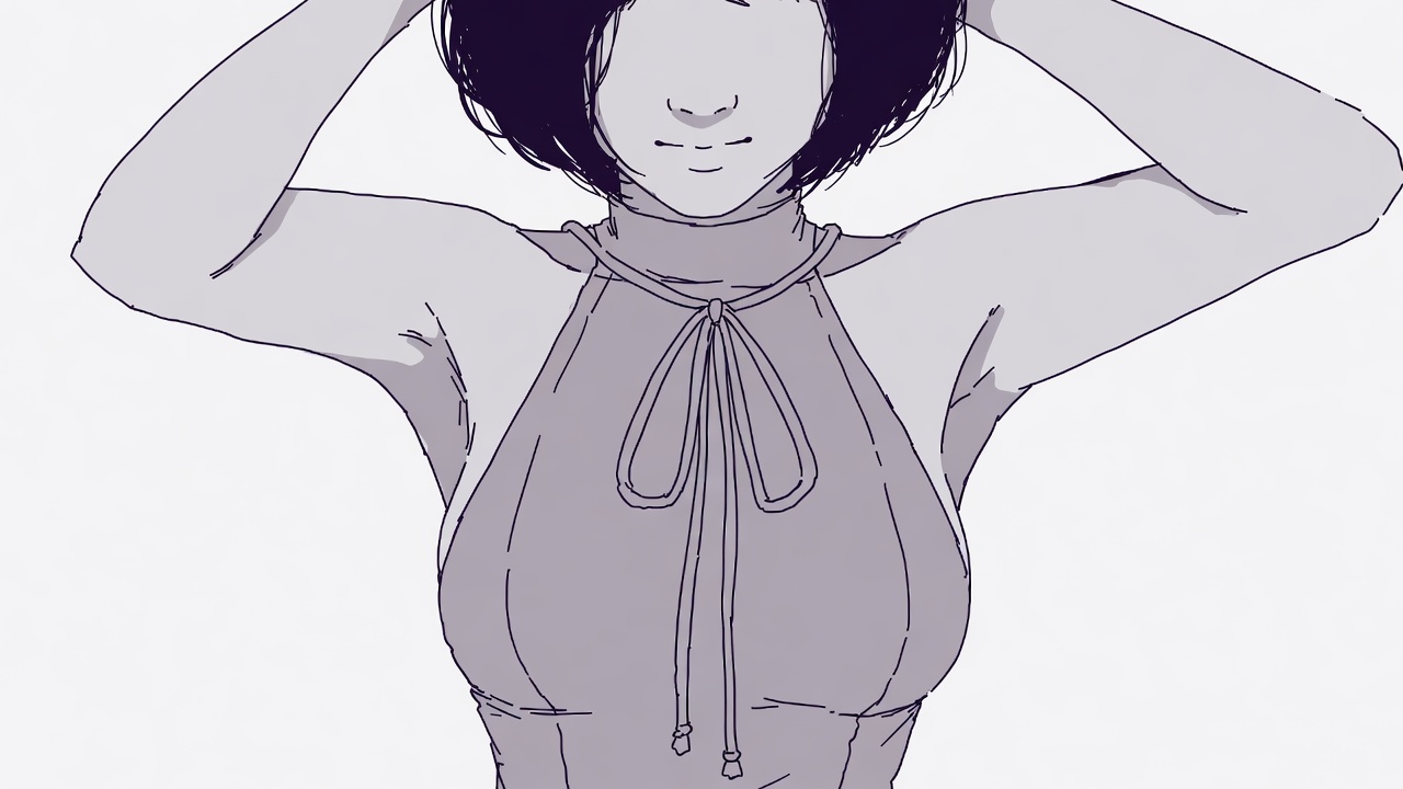 Anime girl raising arms in halter top Anime girl raising arms in halter top