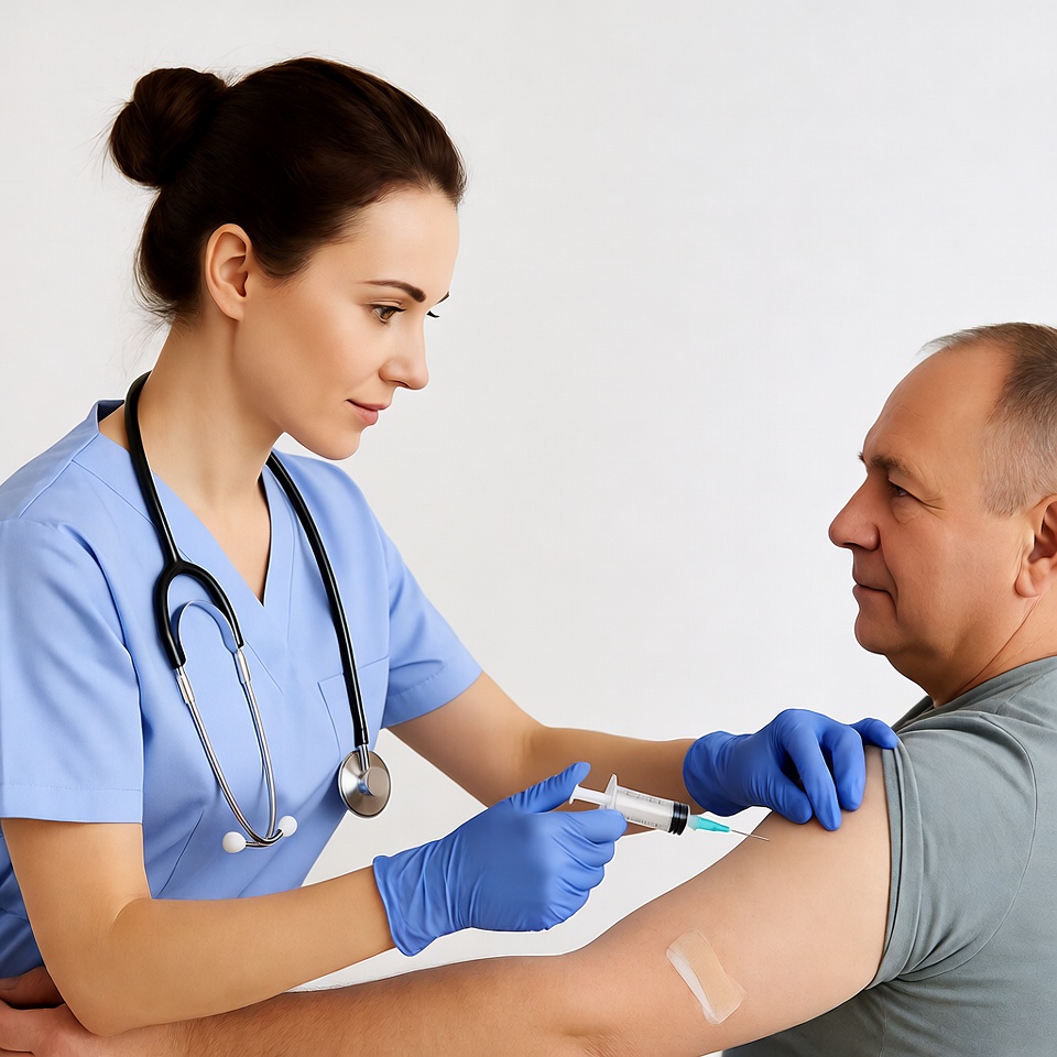 Nurse administering vaccine to man Nurse administering vaccine to man
