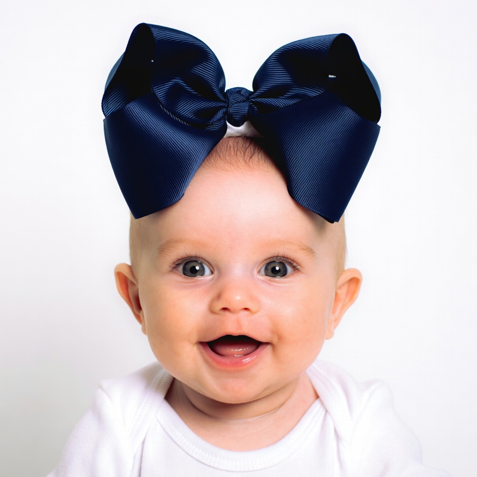 Baby girl with large navy bow Baby girl with large navy bow